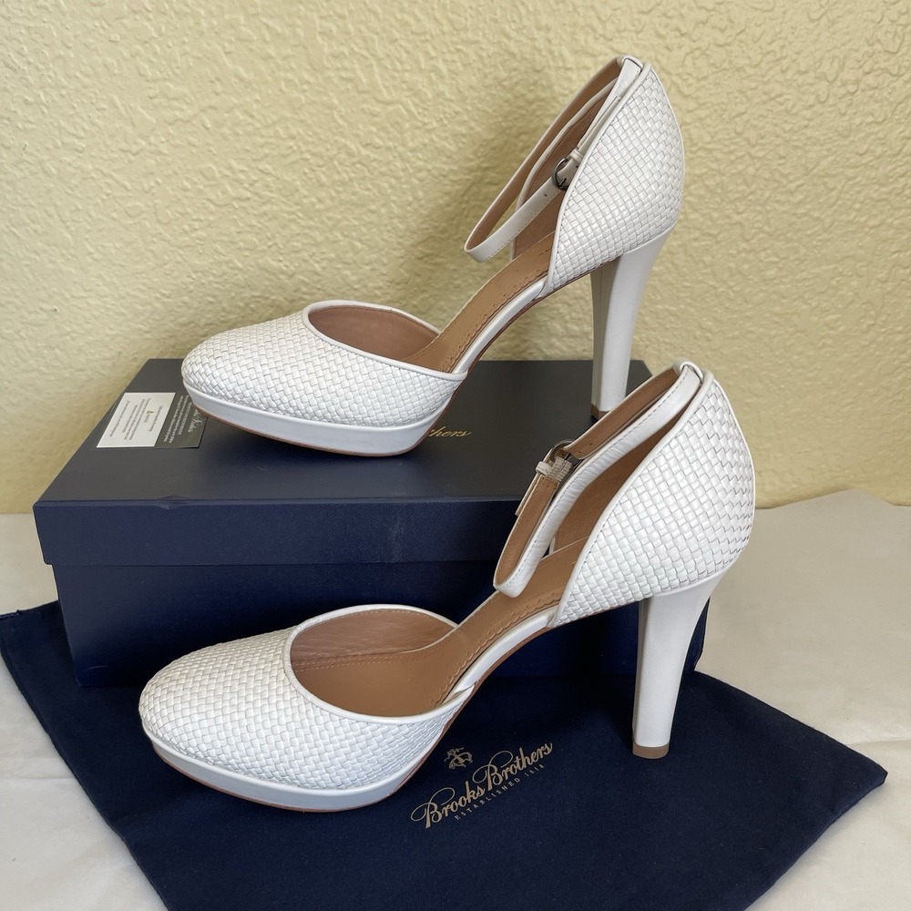Brooks Brothers White Woven Leather Platform Heels Size 10 Box Dust Bag EUC